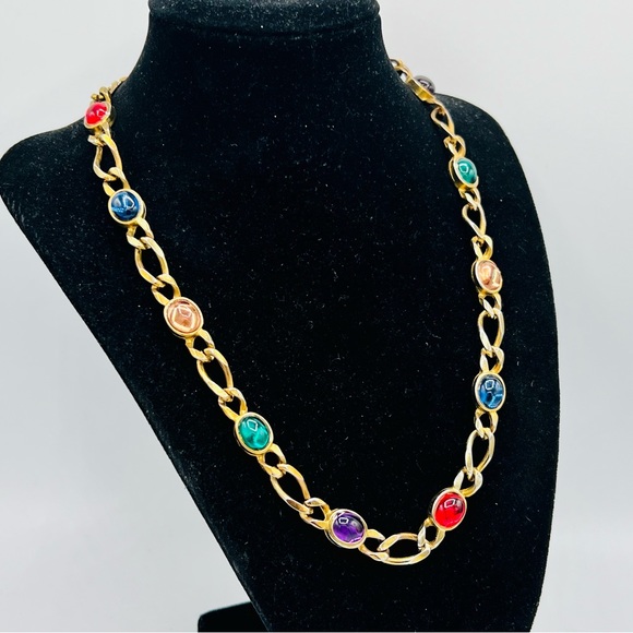 Vintage gold necklace colorful glass cabochons 19” statement jewelry - Picture 3 of 8